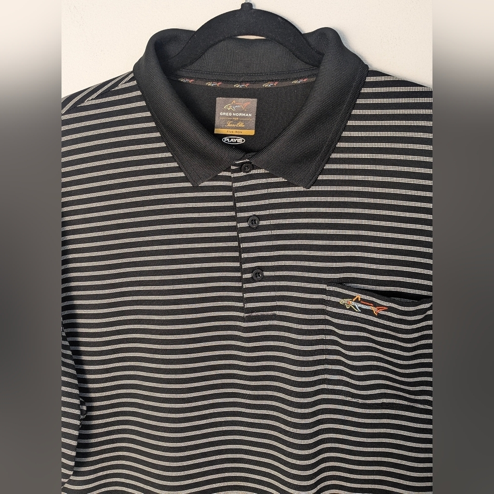 Greg Norman Men’s Five Iron Play Dry Polo Shirt Black White Striped Size XL EUC - Picture 3 of 10